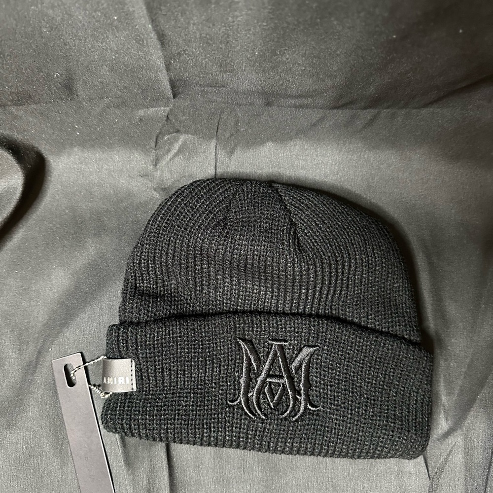 AMIRI Black Ribbed Knit Hat with Embroidered Logo
